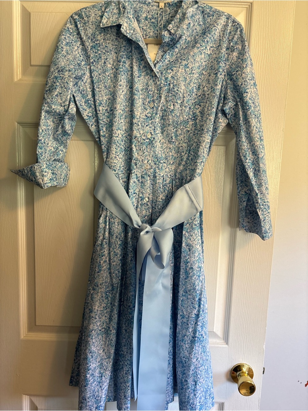 Blue Floral Button-Front Dress with Waist Tie